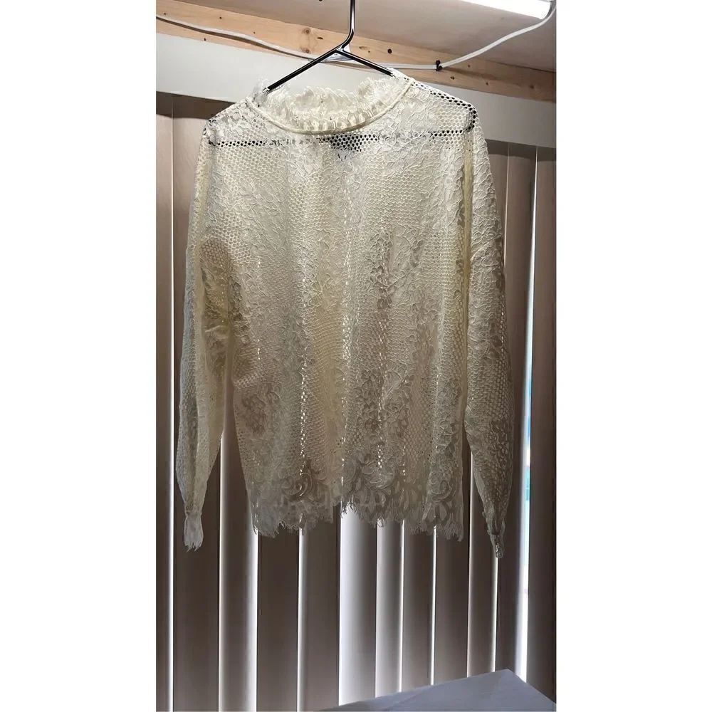 G By Giuliana Black Label Womens Long Sleeve Lace Blouson Top Ivory Size 1X